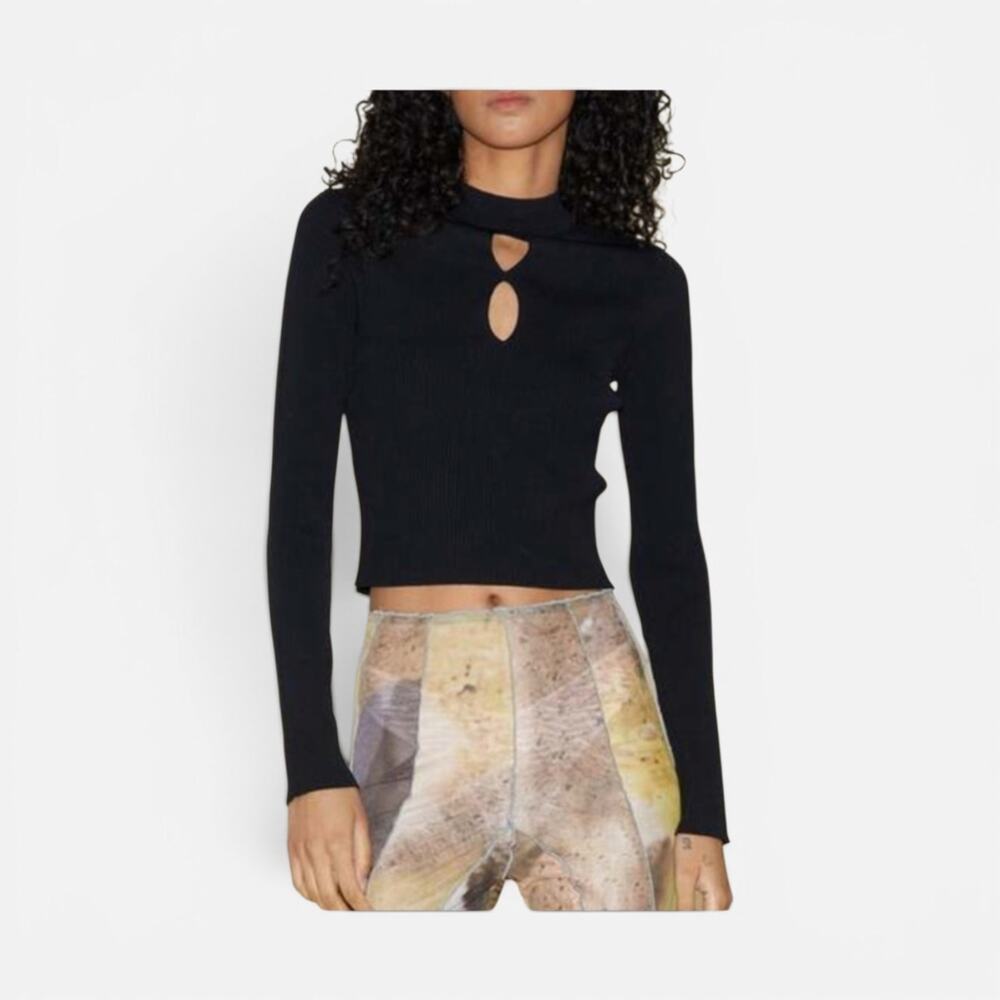 Find Me Now Black Tempo Ribbed Knit Keyhole Cropped Sweater Top, Women's Small